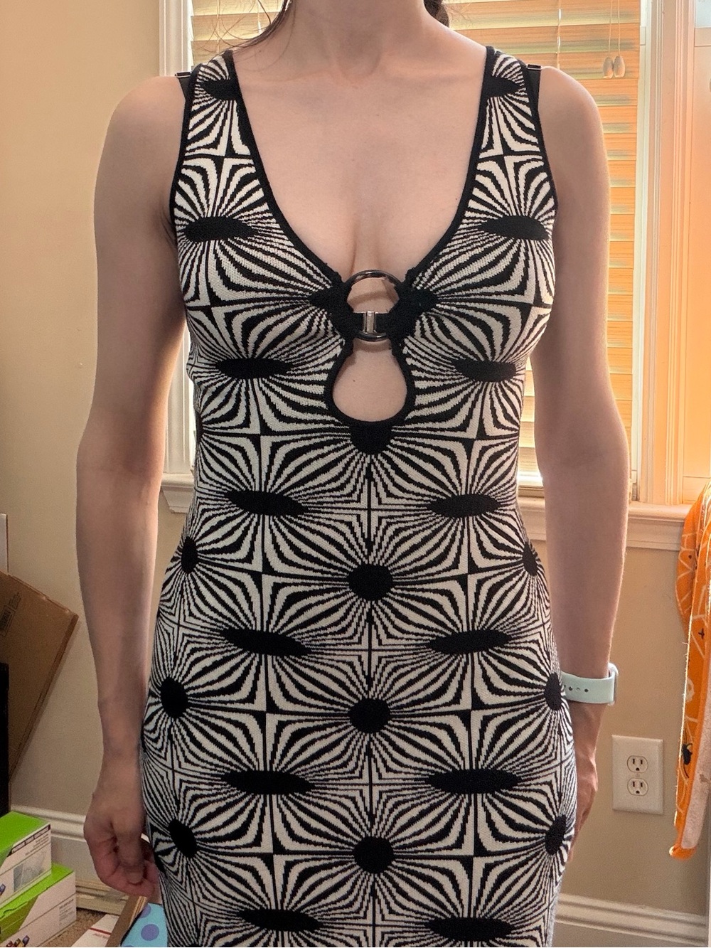 House of Harlow 1960 Black & Cream Geometric Knit Midi Dress